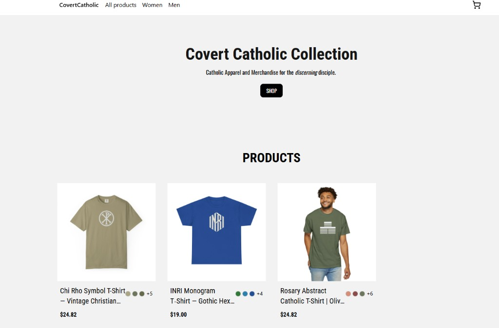 Landing page for Covert Catholic Clothing